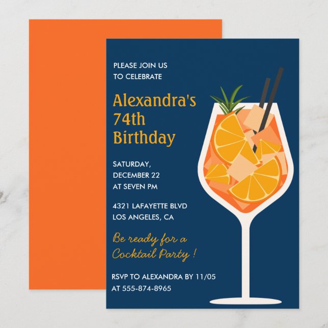 Invitation Cocktail Élégant Bleu marine 74e anniversaire (Devant / Derrière)
