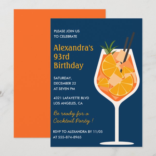 Invitation Cocktail Élégant Bleu marine 93e anniversaire (Devant / Derrière)