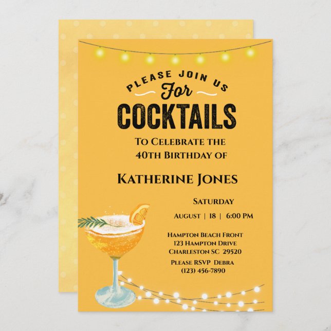 Invitation Cocktail féminin Jaune 40e anniversaire (Devant / Derrière)