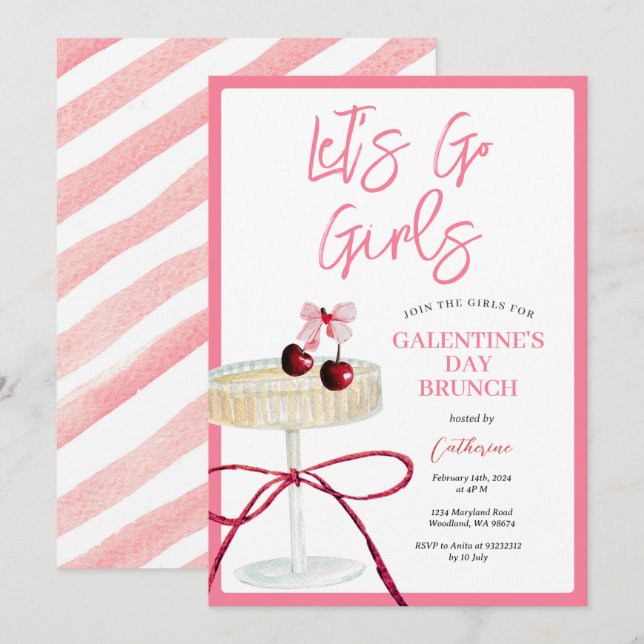 Invitation Cocktail Filles de Cerise Rose Chaud Brunch de la  (Devant / Derrière)