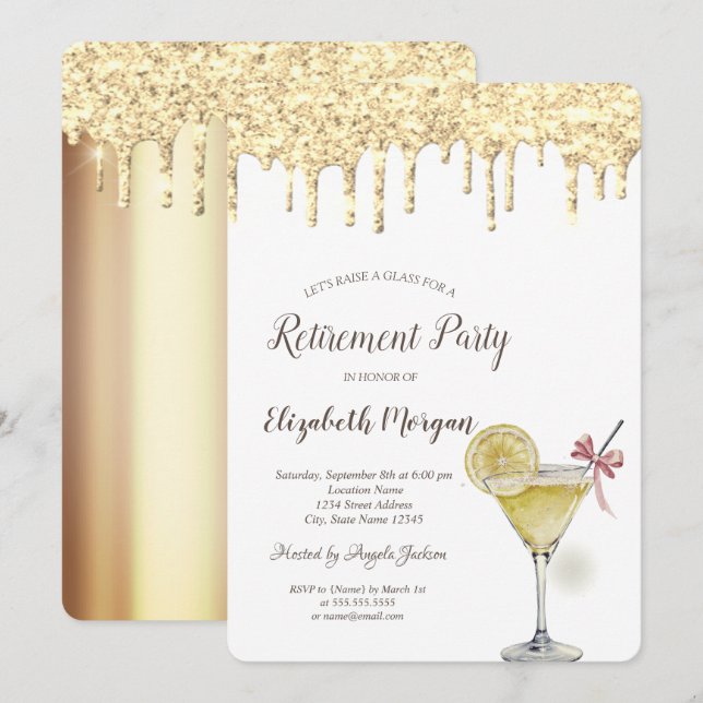 Invitation Cocktail Glitter Drops Citron Retraite (Devant / Derrière)