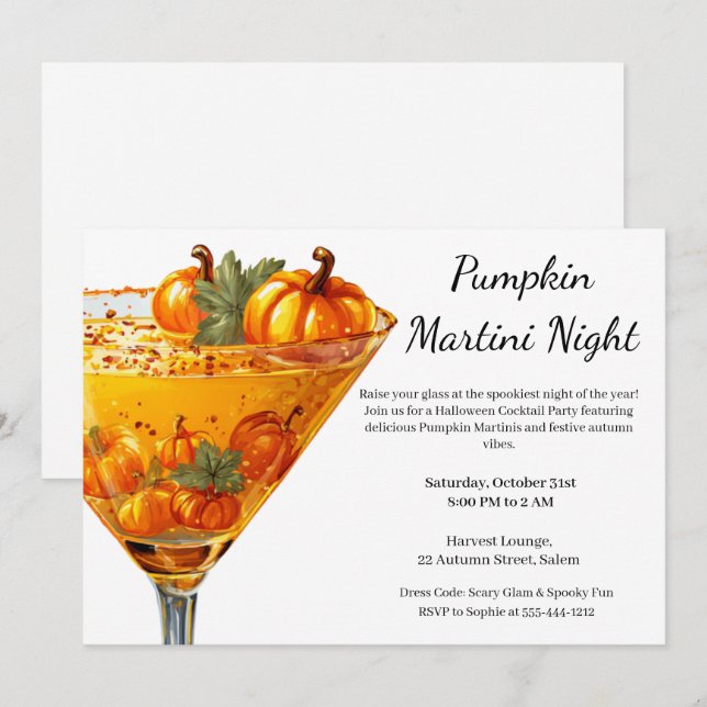 Invitation Cocktail Halloween | Citrouille Martini (Devant / Derrière)