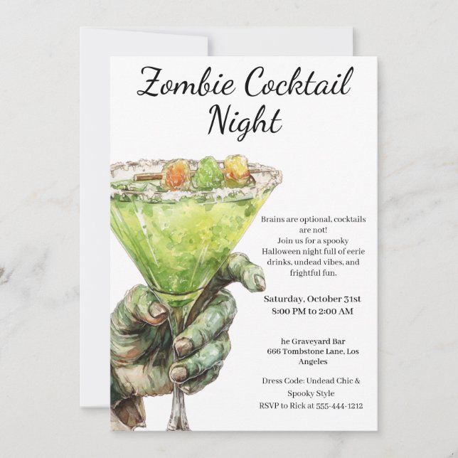 Invitation Cocktail Halloween | Main Zombie avec un verre (Devant)