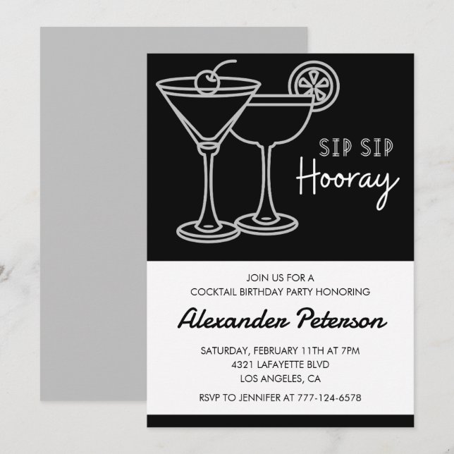 Invitation Cocktail Hommes Noir et Blanc 97e anniversaire (Devant / Derrière)