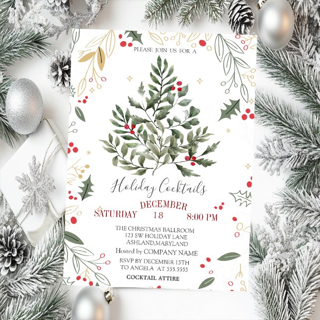 Invitation  Cocktail houx branches de pin Noël  (Créateur téléchargé)