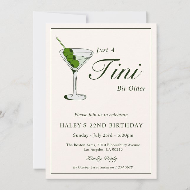 Invitation Cocktail Martini Olive Drôle Fête 22e Anniversaire (Devant)