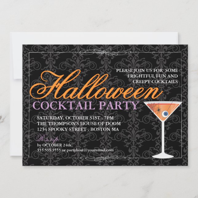 Invitation Cocktail noir élégant de Halloween de dentelle (Devant)