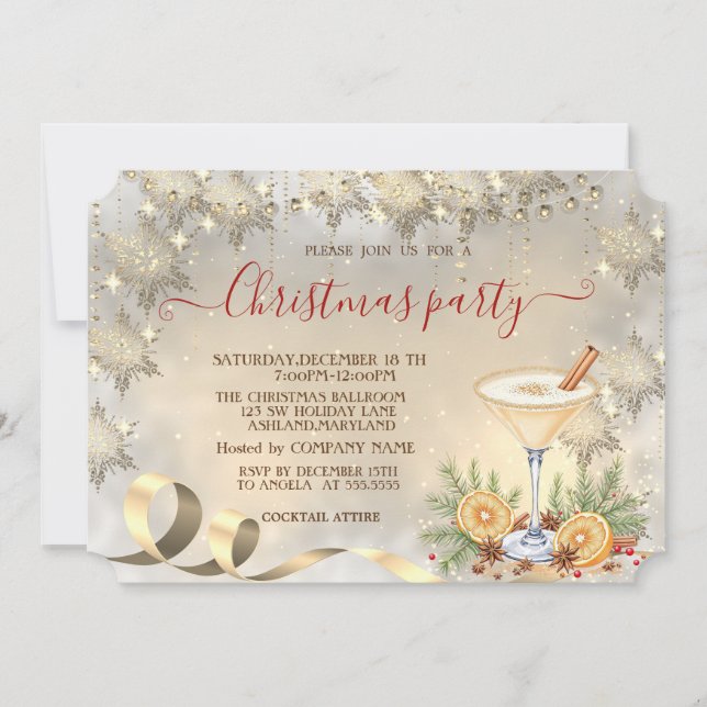 Invitation Cocktail Orange Gold Snowflakes Company (Devant)