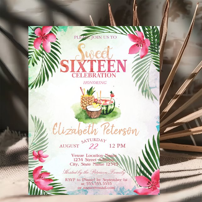 Invitation Cocktail Palmier Fleur TropicaleFête Douce d'Été p (Créateur téléchargé)