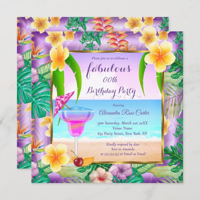 Invitation Cocktail Photo Fabuluse Tropical Purple Fête (Devant / Derrière)