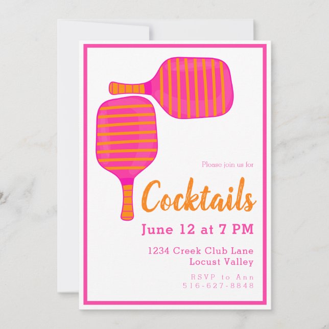 Invitation Cocktail Preppy Pickleball Party Pink Orange (Devant)