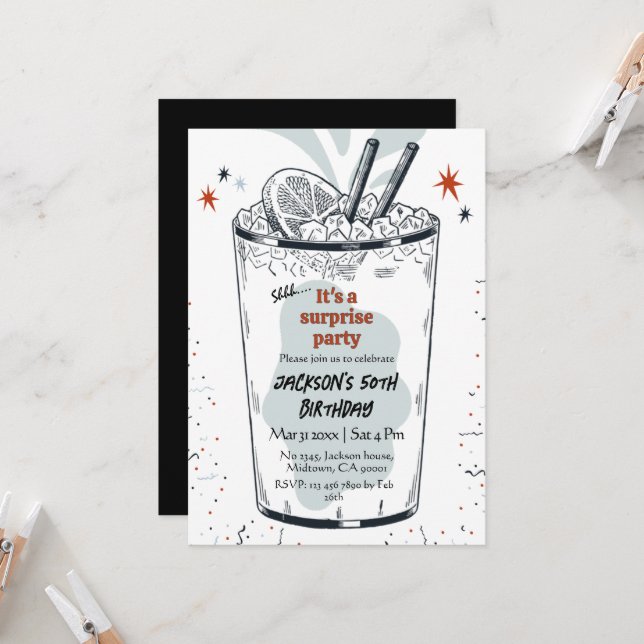 Invitation Cocktail retro boisson thème 50ème anniversaire su (Devant/Arrière en situation)