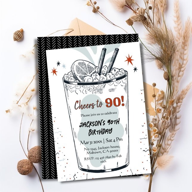 Invitation Cocktail retro boisson thème élégant 90e anniversa (Créateur téléchargé)