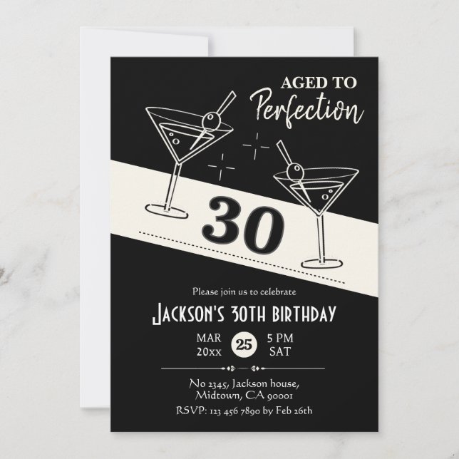 Invitation Cocktail rétro martini noir & blanc 30e anniversai (Devant)