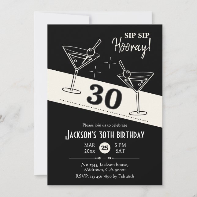 Invitation Cocktail rétro martini noir & blanc 30e anniversai (Devant)