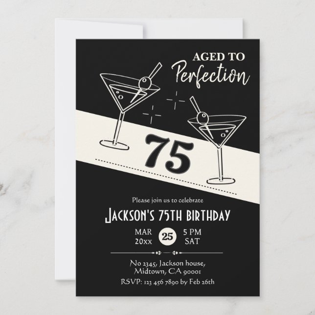 Invitation Cocktail rétro martini noir & blanc 75e anniversai (Devant)