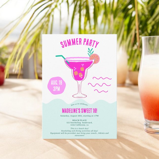 Invitation Cocktail rose illustration plage d'été Sweet 16 (Pink Cocktail illustration summer beach Sweet 16 Invitation)