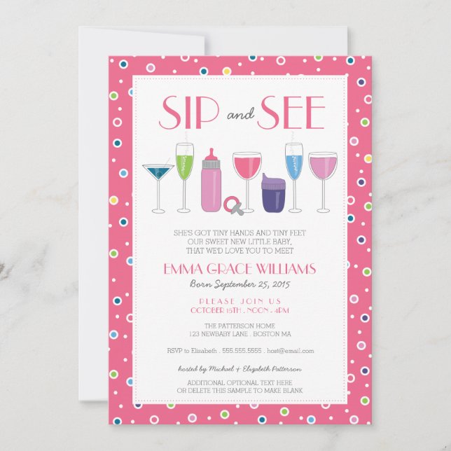 Invitation Cocktail rose Nouvelle Bébée Sip et voir l'invitat (Devant)