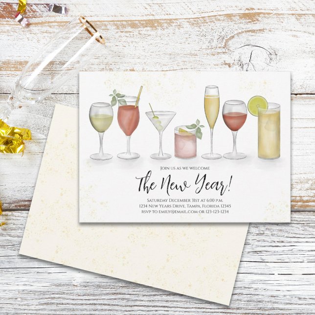 Invitation Cocktail simple New Years Party Boissons Aquarelle (Créateur téléchargé)
