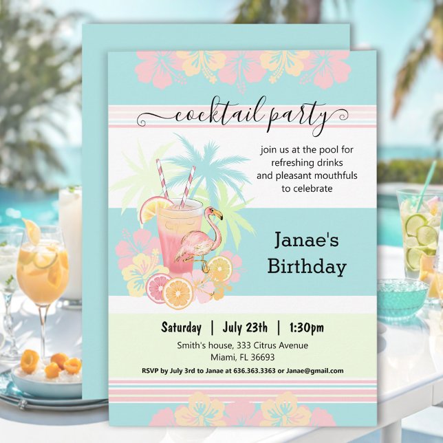 Invitation Cocktail Summer Pool Party Blue Pink Tropical (Cocktail Summer Pool Party Blue Pink Tropical Invitation)
