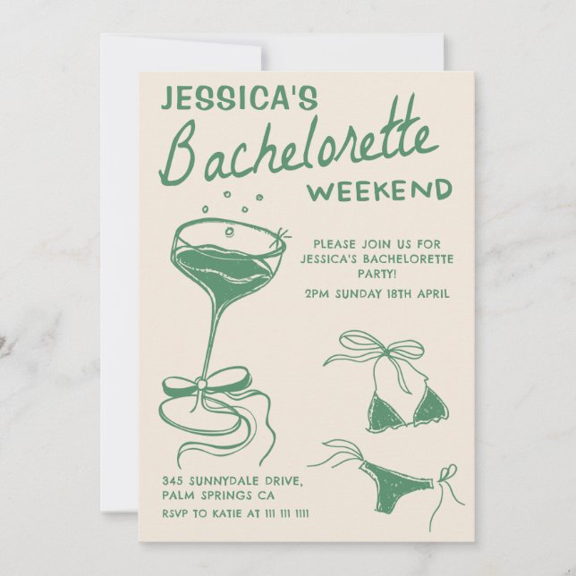 Invitation Cocktail vert Bachelorette Heekend Itinéraire (Devant)