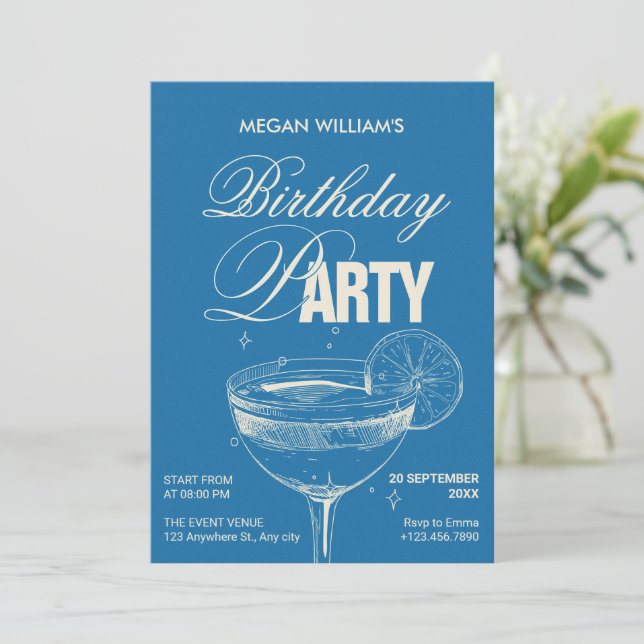 Invitation Cocktail vintage bleu fête d'anniversaire (Debout devant)