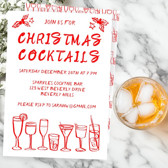 Invitation Cocktail Whimsical Boissons Fête de Vacances Perso (Whimsical Christmas Cocktail Drinks Custom Hand-drawn Holiday Party Invitation
)