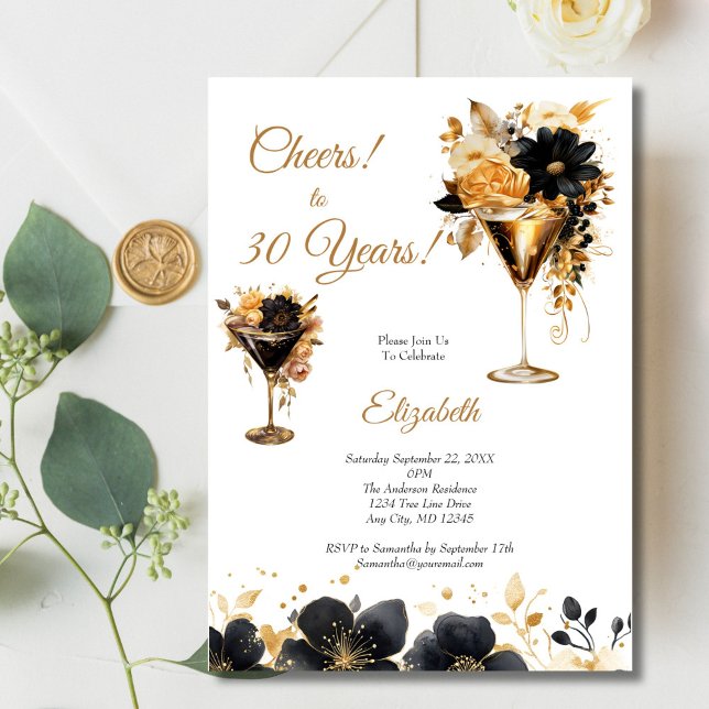 Invitation Cocktails Boissons Florales Or Noir 30e Anniversai (Black gold Florals and Cocktails 30th birthday party invitation for her. Printed or Digital Download)