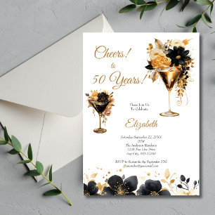 Invitation Cocktails Boissons Florales Or Noir 50e Anniversai