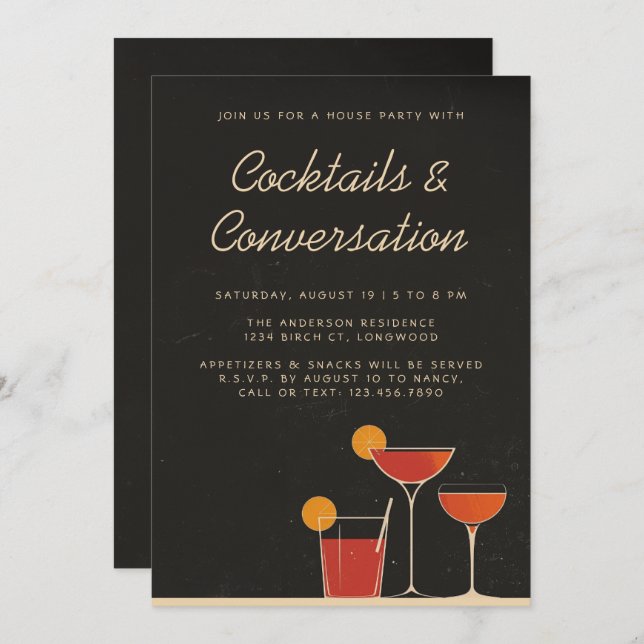 Invitation Cocktails & Conversation Retro Boissons House Part (Devant / Derrière)