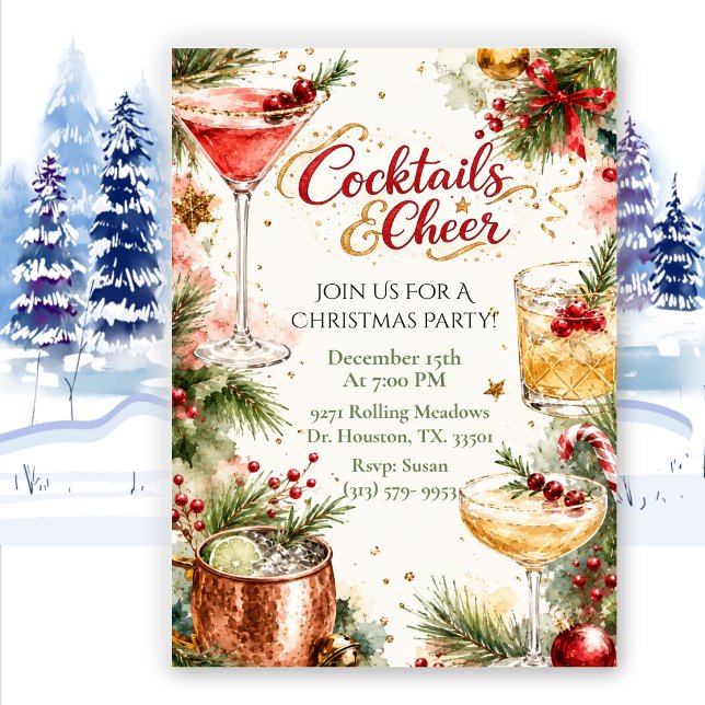 Invitation Cocktails de Noël aquarelle Fête de fin d'année (Créateur téléchargé)