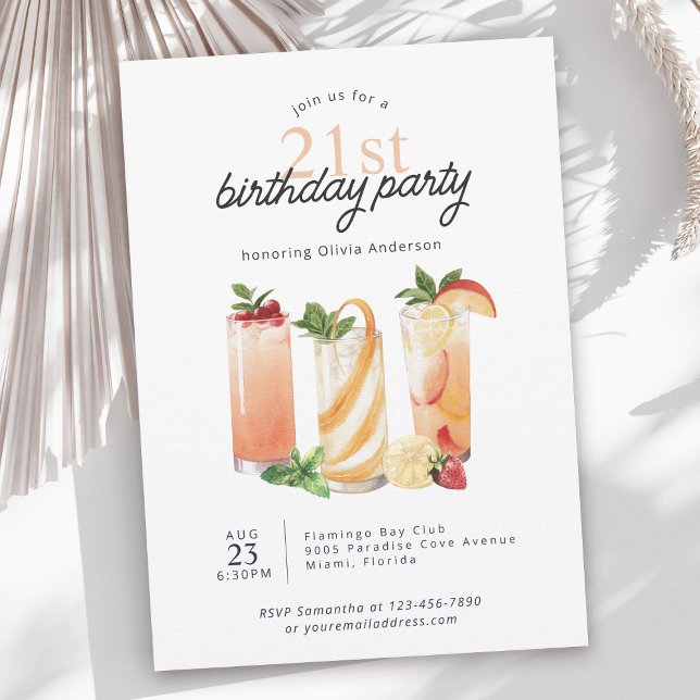 Invitation Cocktails d'été modernes Fête d'anniversaire 21 an (Available in both printed and instant download formats.)