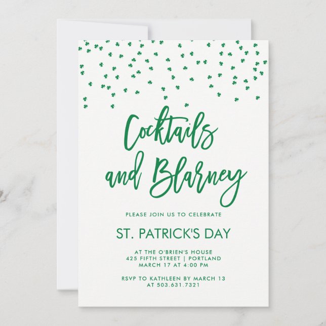 Invitation Cocktails et Blarney | Vert moderne et blanc (Devant)