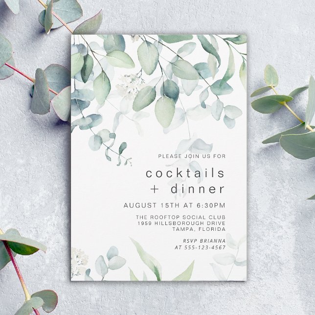 Invitation Cocktails et eucalyptus botanique pour dîner (Available in both printed and instant download digital formats.)