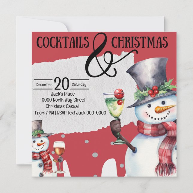 Invitation Cocktails et Snowmen de Noël avec Boissons (Devant)