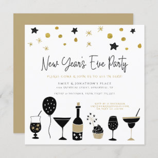 Invitation Cocktails Funky Champagne Gold Black Nouvel An Eve