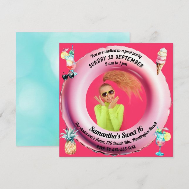 Invitation Cocktails Pink Pool Party Ananas Sweet 16 Photo (Devant / Derrière)