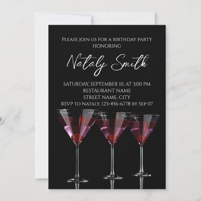 Invitation Cocktails rouges dans un verre à martini avec ceri (Devant)