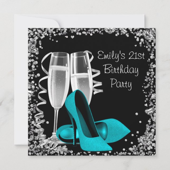 Invitation Cocktails talons hauts Noir et Turquoise Anniversa (Devant)