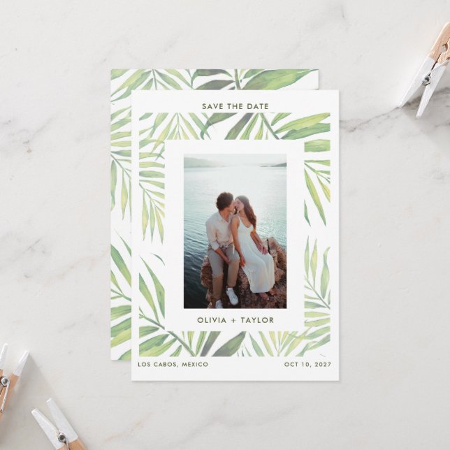 Invitation COCO Aquarelle feuille de palme Enregistrer la dat (Devant/Arrière en situation)