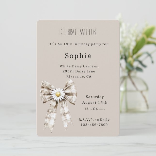 Invitation Cocoa Cream White Bow Daisy Flower Birthday (Debout devant)