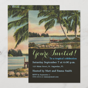 Invitation Cocotier Vintage Brise Tropicale Coucher de Soleil