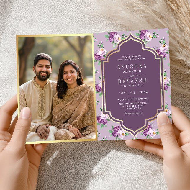 Invitation Code QR à motif floral violet Mariage indien (Créateur téléchargé)