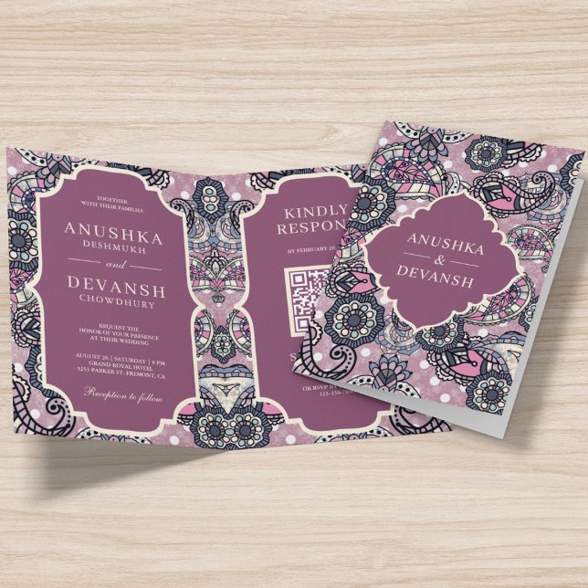 Invitation Code QR à motif paisley rose Mariage indien (Créateur téléchargé)