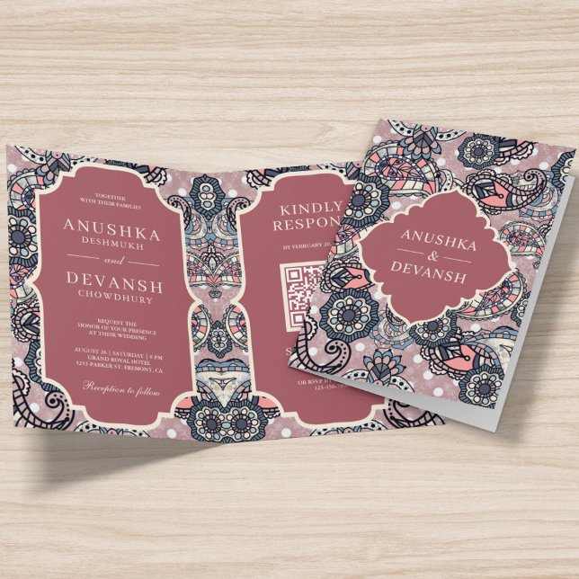 Invitation Code QR à motif paisley rose saumon pour mariage i (Créateur téléchargé)