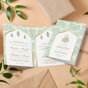 Invitation Code QR à motif paisley sarcelle et or pour mariag