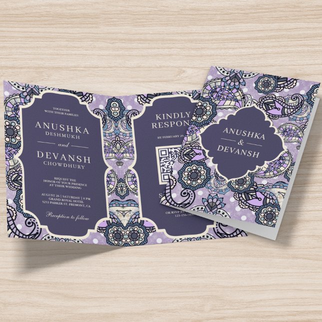 Invitation Code QR à motif paisley violet Mariage indien (Créateur téléchargé)