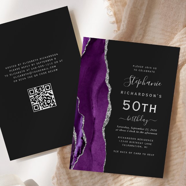 Invitation Code QR Agate Argent Violet 50e Anniversaire (Créateur téléchargé)