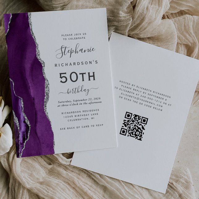 Invitation Code QR Agate Argent Violet 50e Anniversaire (Créateur téléchargé)