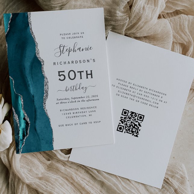 Invitation Code QR Agate Bleu Turquoise Argent 50e Anniversai (Créateur téléchargé)